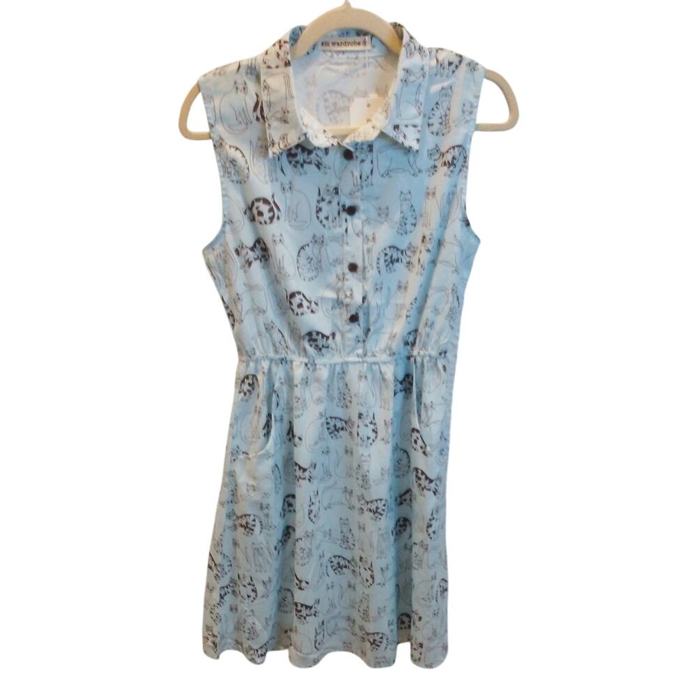 SM Wardrobe Cat Print Dress Womens M Blue Sleeveless Fit Flare Novelty Cute